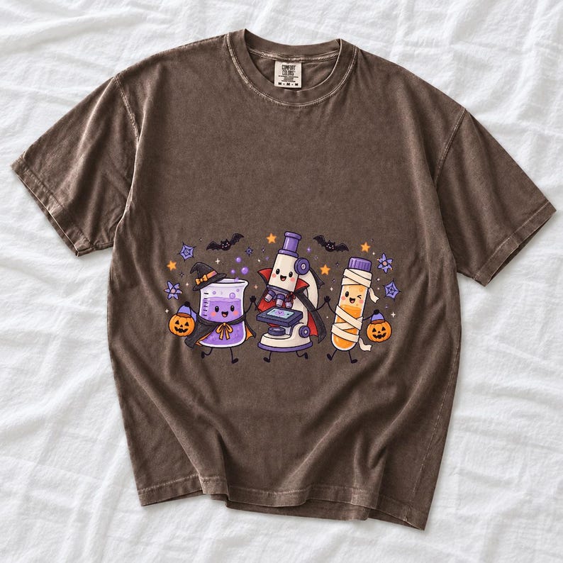 Kawaii beaker, microscope and test tube with faces in Halloween costumes, pastel purple and orange