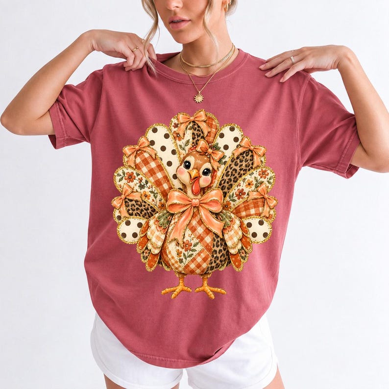 Turkey with patchwork fabric tail feathers decorated with bows on a cream and polka-dot stripe background