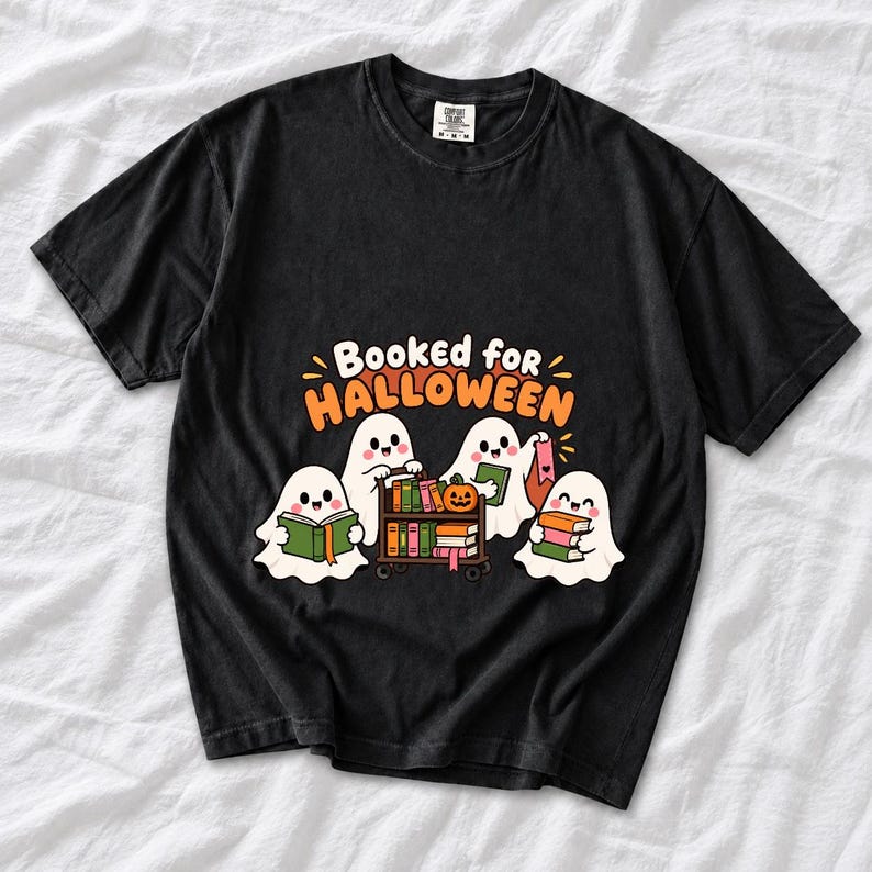 Four kawaii ghosts with books, a library cart and bookmarks, text Booked for Halloween