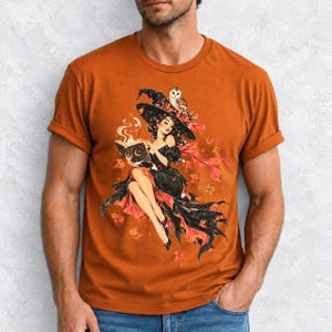 Retro 1950s pin-up witch floating while reading a spell book with an owl on her hat, autumn leaves