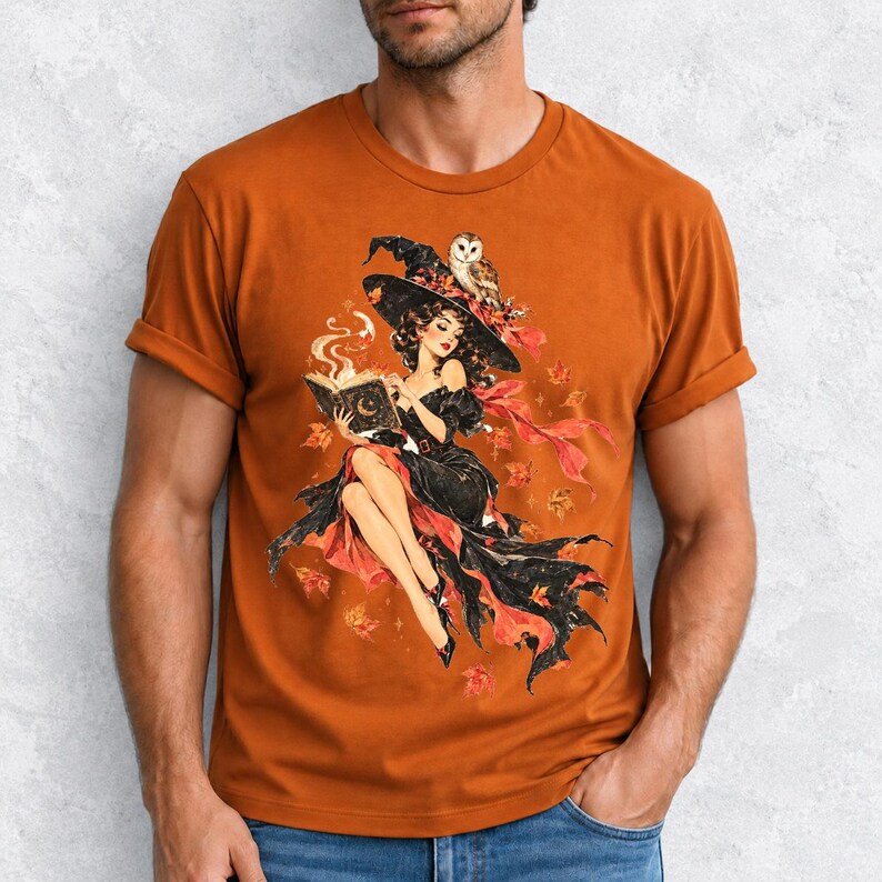 Retro 1950s pin-up witch floating while reading a spell book with an owl on her hat, autumn leaves