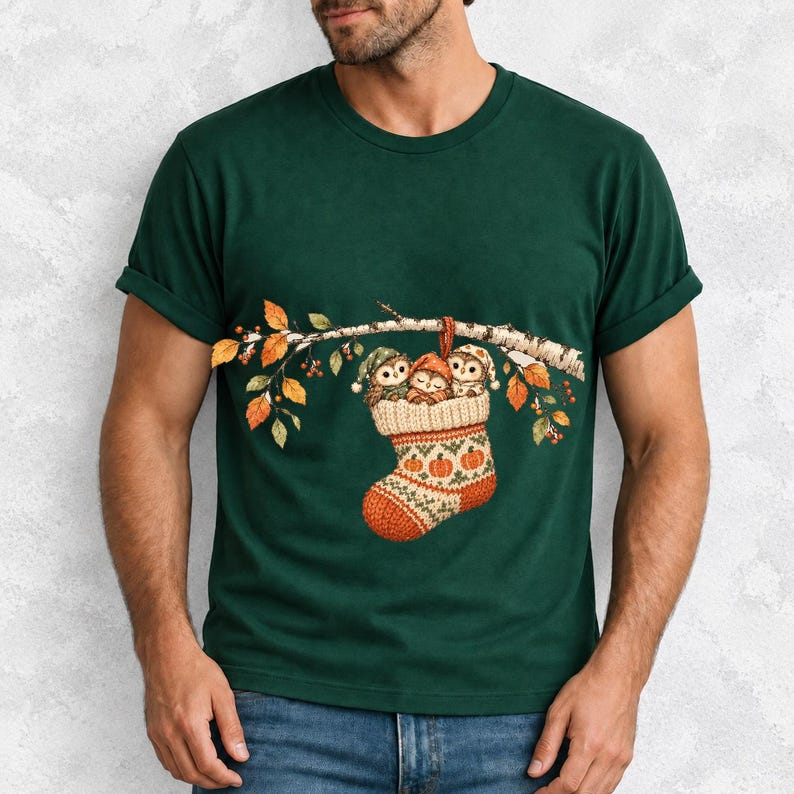 Three watercolor owlets in pajamas and nightcaps tucked into a knitted stocking on a birch branch, one asleep