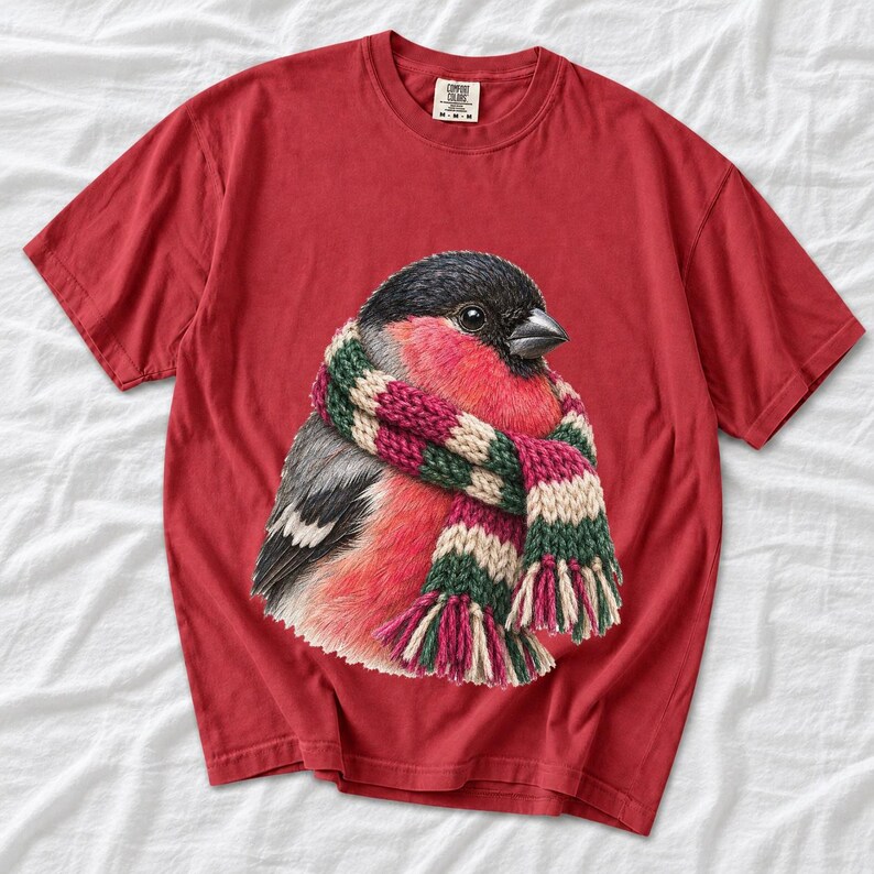 Colored-pencil bullfinch bird wrapped in a chunky striped knit scarf, cozy winter birdwatcher t-shirt art