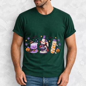 Kawaii beaker, microscope and test tube with faces in Halloween costumes, pastel purple and orange