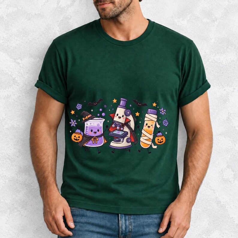 Kawaii beaker, microscope and test tube with faces in Halloween costumes, pastel purple and orange