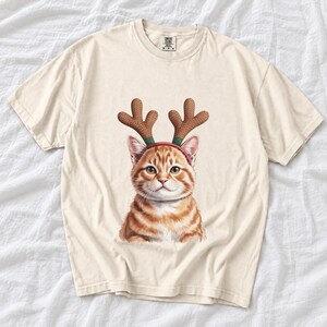 Comfort Colors Cat Reindeer Antlers Shirt, Orange Tabby Cat Christmas Tee, Grumpy Cat Reindeer T-shirt, Cat Mom Holiday Shirt, Cat Xmas Tee