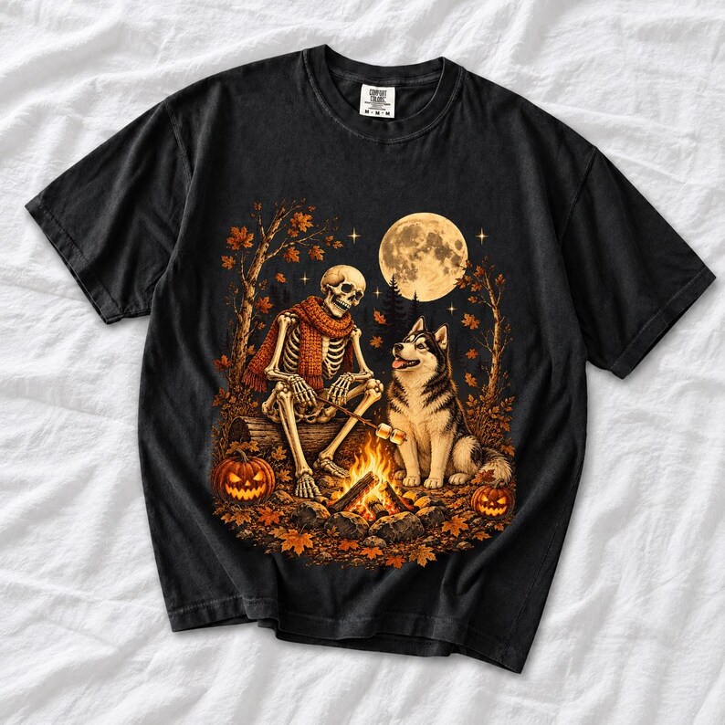 A skeleton in a scarf roasting marshmallows by a campfire beside a husky in an autumn forest under a full moon