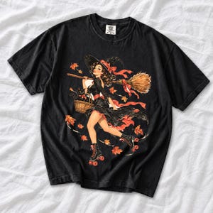 Retro 1950s pin-up witch on roller skates with a broom and a cat in a basket, autumn leaves
