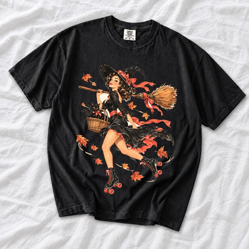 Retro 1950s pin-up witch on roller skates with a broom and a cat in a basket, autumn leaves