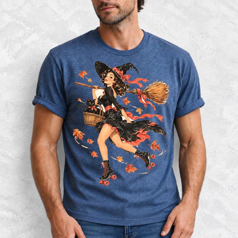 Retro 1950s pin-up witch on roller skates with a broom and a cat in a basket, autumn leaves