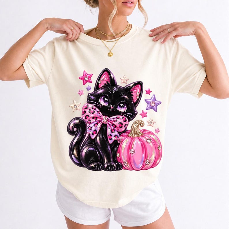Puffy 3D black cat with a leopard bow beside a glossy pumpkin and stars in coquette style