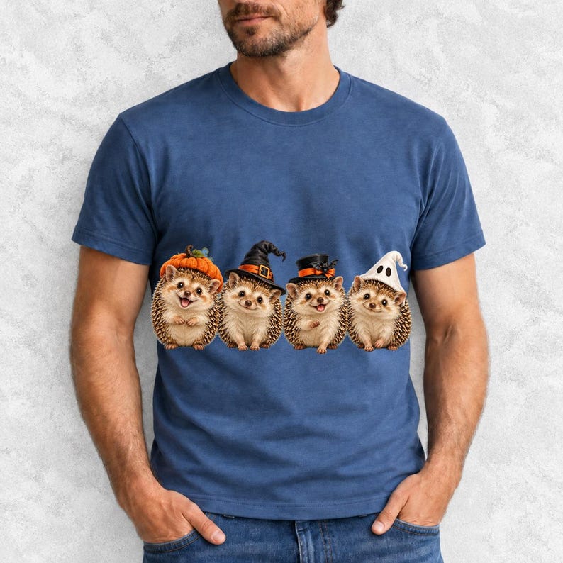 Realistic illustration of four hedgehogs wearing tiny Halloween hats in a row