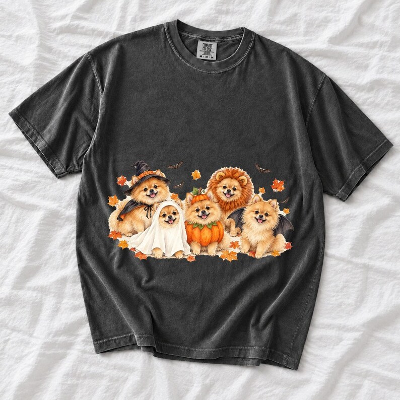 Five fluffy watercolor pomeranians in Halloween costumes with autumn leaves and bats