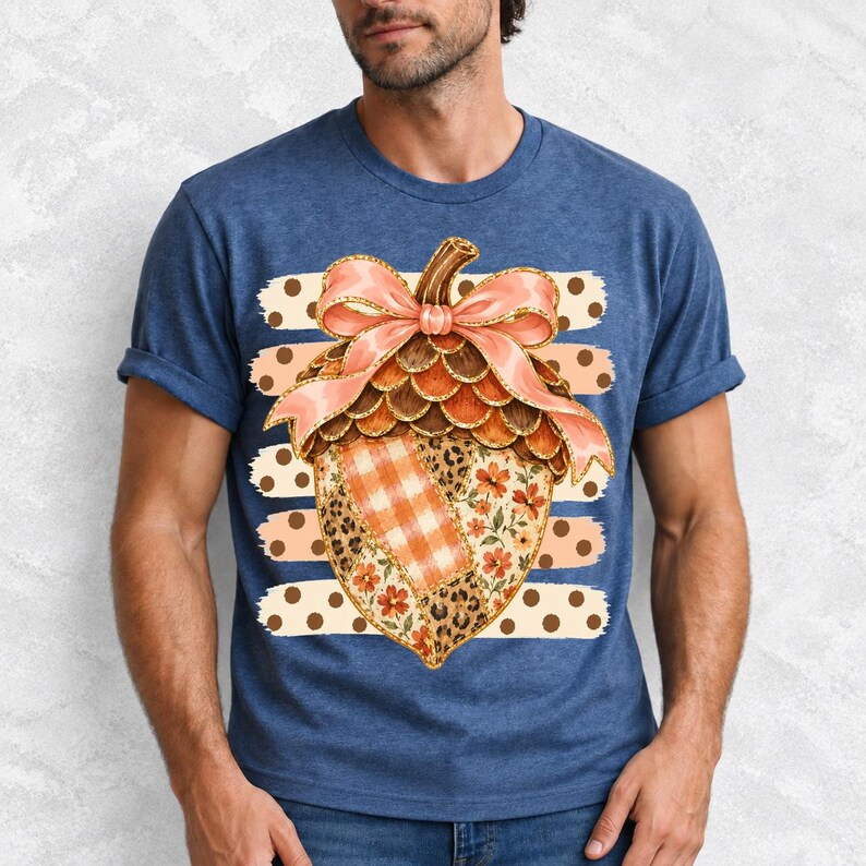 Giant patchwork acorn with a pink satin bow made of plaid, leopard and floral fabric on polka-dot stripes
