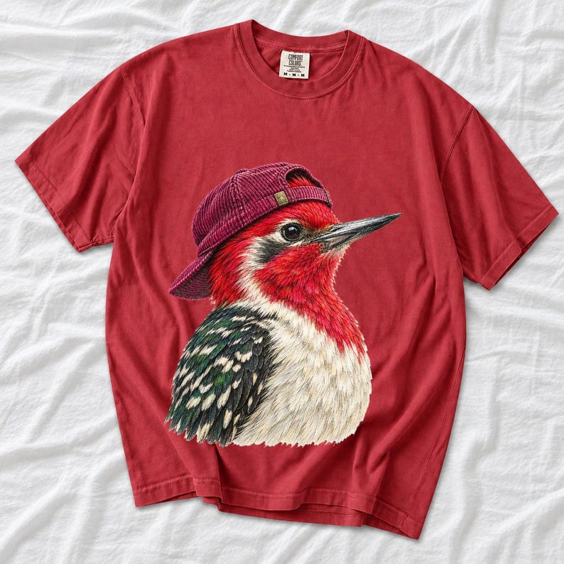 Colored-pencil red-headed woodpecker in side profile wearing a backwards corduroy cap, funny birder t-shirt graphic