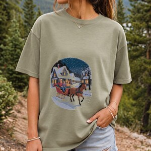 Comfort Colors Horse Sleigh Christmas Shirt, Retro Christmas Village Tee, Snowy Sleigh Ride T-shirt, Christmas Horse Shirt Women, Sleigh Tee