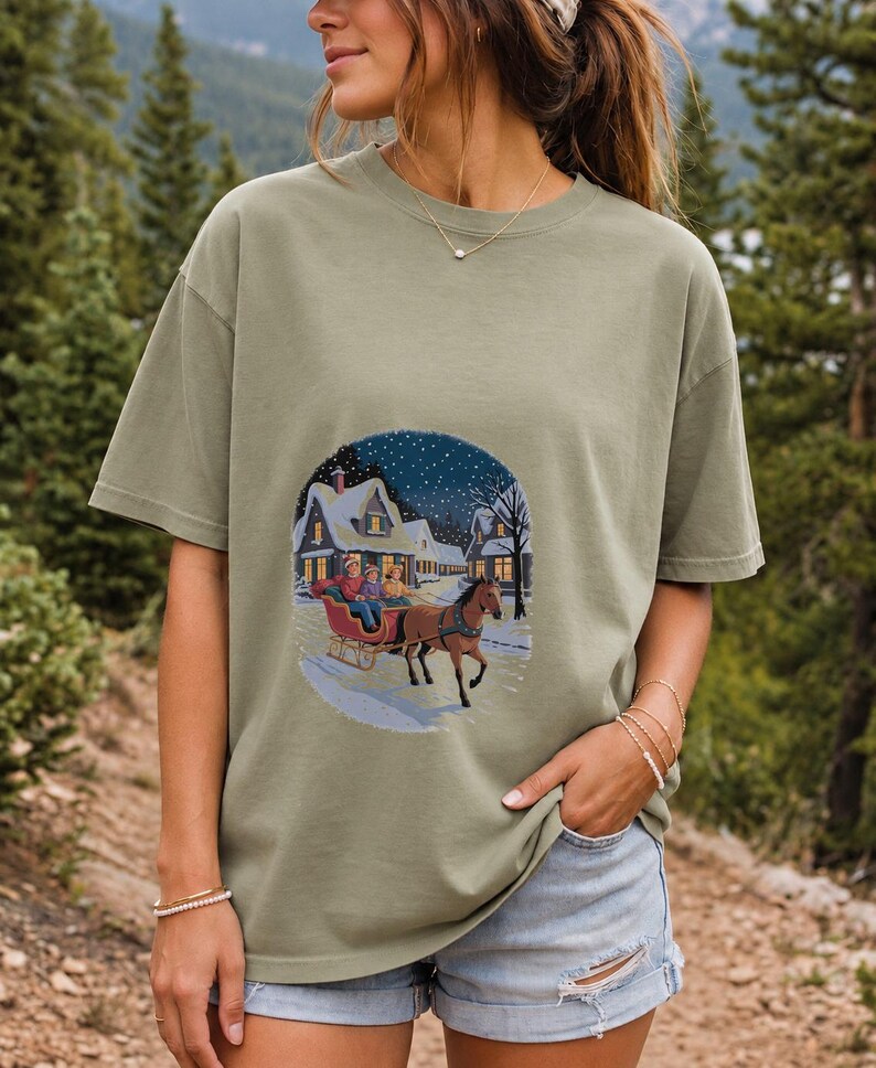 Comfort Colors Horse Sleigh Christmas Shirt, Retro Christmas Village Tee, Snowy Sleigh Ride T-shirt, Christmas Horse Shirt Women, Sleigh Tee