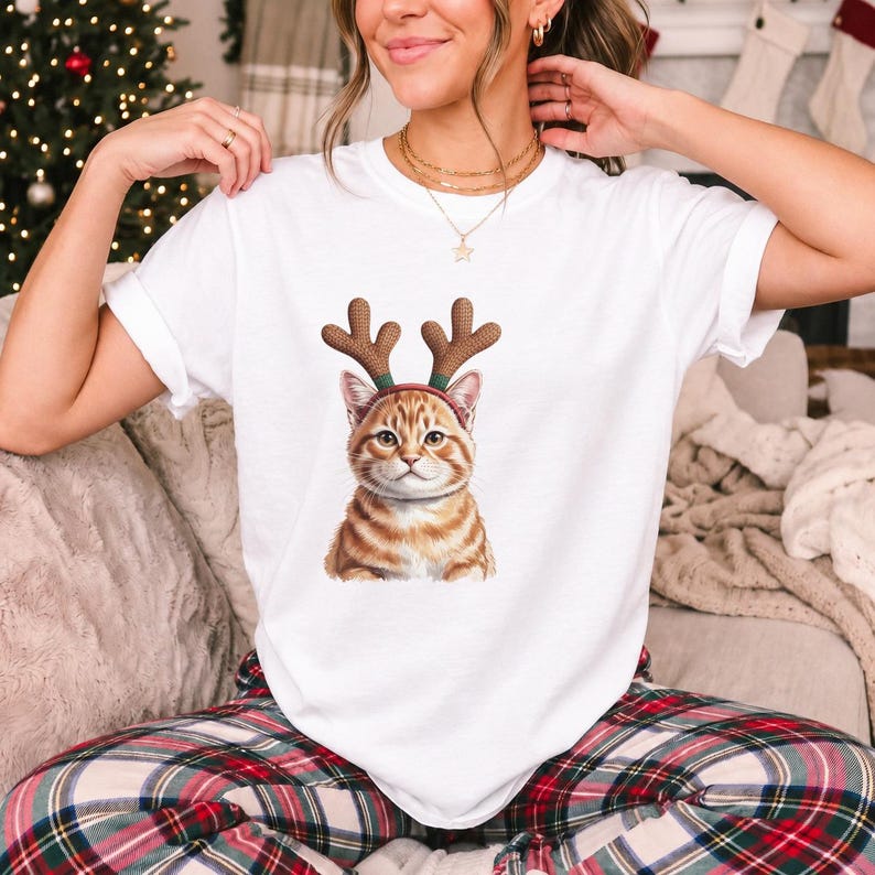 Comfort Colors Cat Reindeer Antlers Shirt, Orange Tabby Cat Christmas Tee, Grumpy Cat Reindeer T-shirt, Cat Mom Holiday Shirt, Cat Xmas Tee