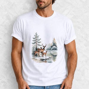 Comfort Colors Winter Deer Family Shirt, Watercolor Deer Tee, Snowy Lake Deer T-shirt, Nature Lover Winter Shirt, Deer Lover Gift Tee