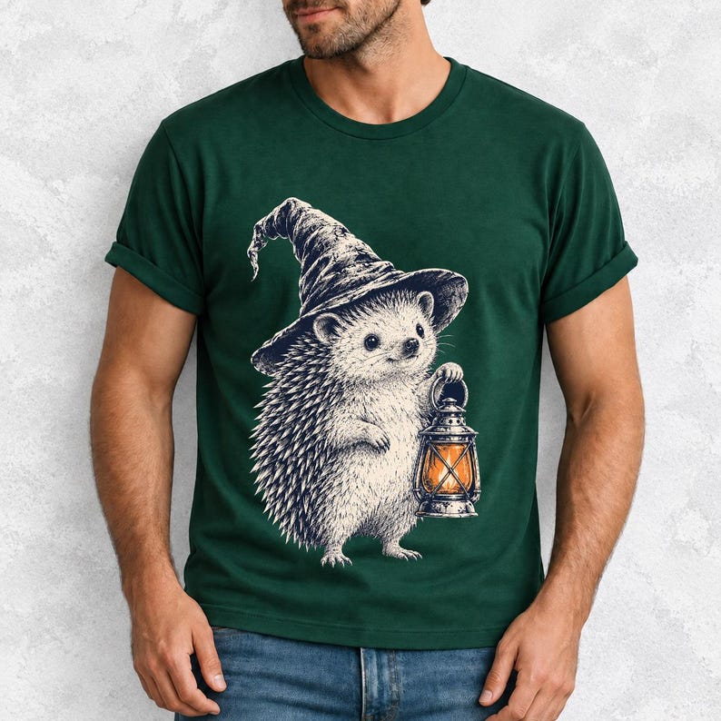Etched pen illustration of a hedgehog in a witch hat holding a lantern, bone white with orange accent