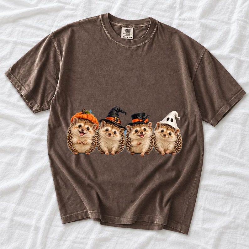 Realistic illustration of four hedgehogs wearing tiny Halloween hats in a row