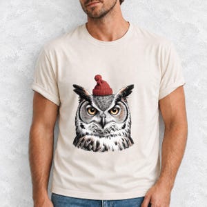 Comfort Colors Owl Santa Hat Shirt, Sketch Owl Christmas Tee, Great Horned Owl Winter T-shirt, Owl Lover Holiday Shirt, Bird Lover Owl Tee