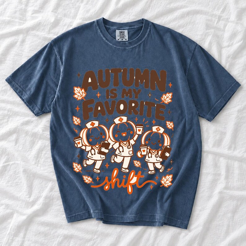 Cute pumpkin characters in nurse caps with clipboards and coffee, text Autumn Is My Favorite Shift