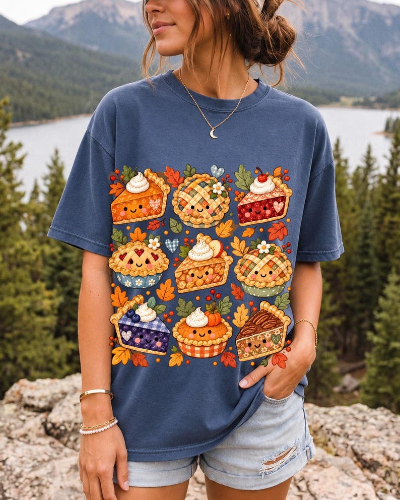 Grid of cute pie slices and mini pies with faces, lattice crusts and autumn leaves in patchwork sticker style