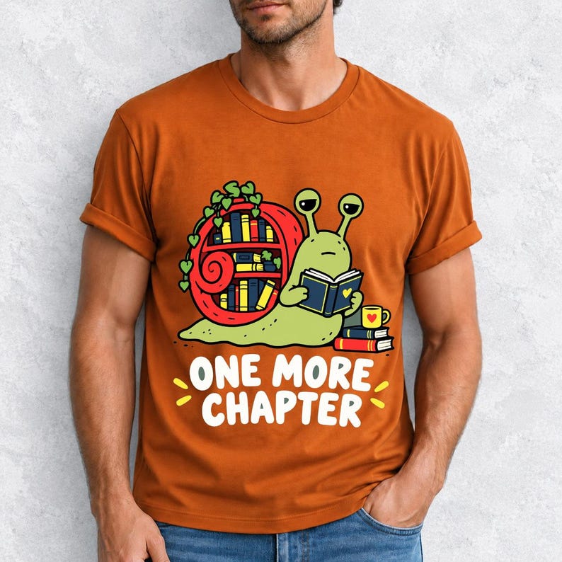 Cartoon snail reading a book with a bookshelf shell and the text One More Chapter