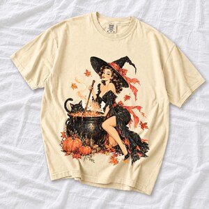 Retro 1950s pin-up witch winking while stirring a cauldron with a black cat peeking over the rim, autumn leaves