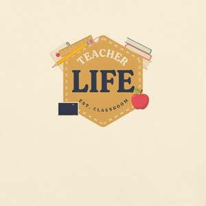 Teacher Life Shirt, Faux Patchwork School Supplies Comfort Colors Tee; Ivory Comfort Colors 1717 shirt, close-up of the actual front print