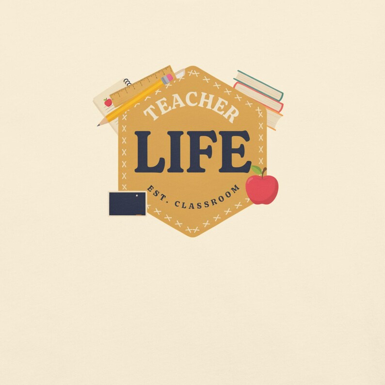 Teacher Life Shirt, Faux Patchwork School Supplies Comfort Colors Tee; Ivory Comfort Colors 1717 shirt, close-up of the actual front print