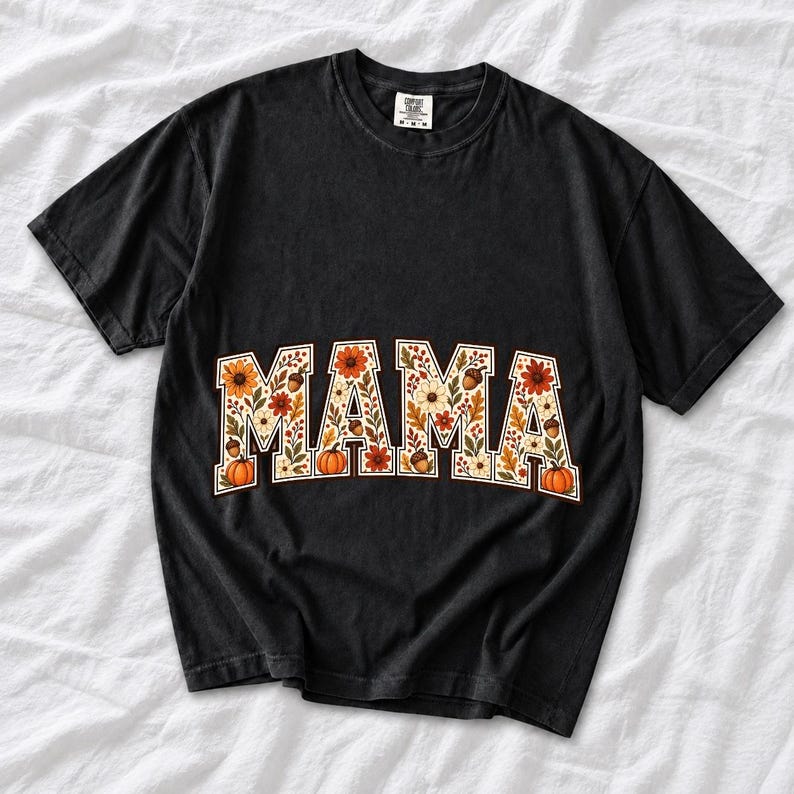 Arched varsity word MAMA filled with fall flowers and acorns in cream, rust and mustard