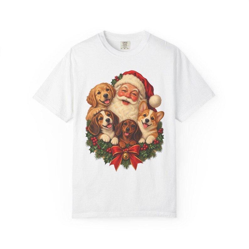 Comfort Colors Santa Puppies Christmas Shirt, Retro Santa Dog Tee, Christmas Dog Lover T-shirt, Dog Mom Santa Shirt Gift — Printify product mockup