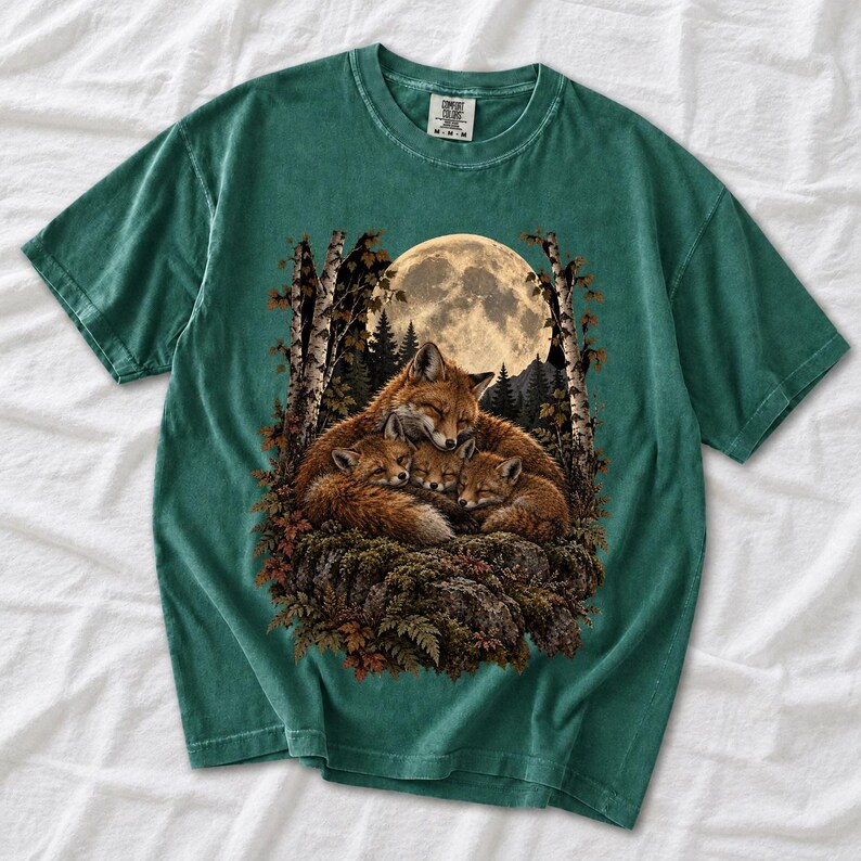 Fox family curled on a rock under a huge full moon among birch trees, dark realistic woodland illustration