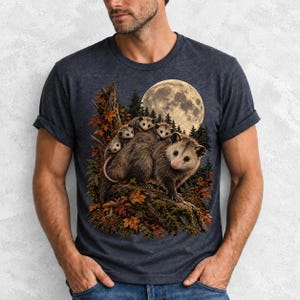 Mother opossum with babies on her back under a full moon and autumn leaves, dark realistic woodland illustration