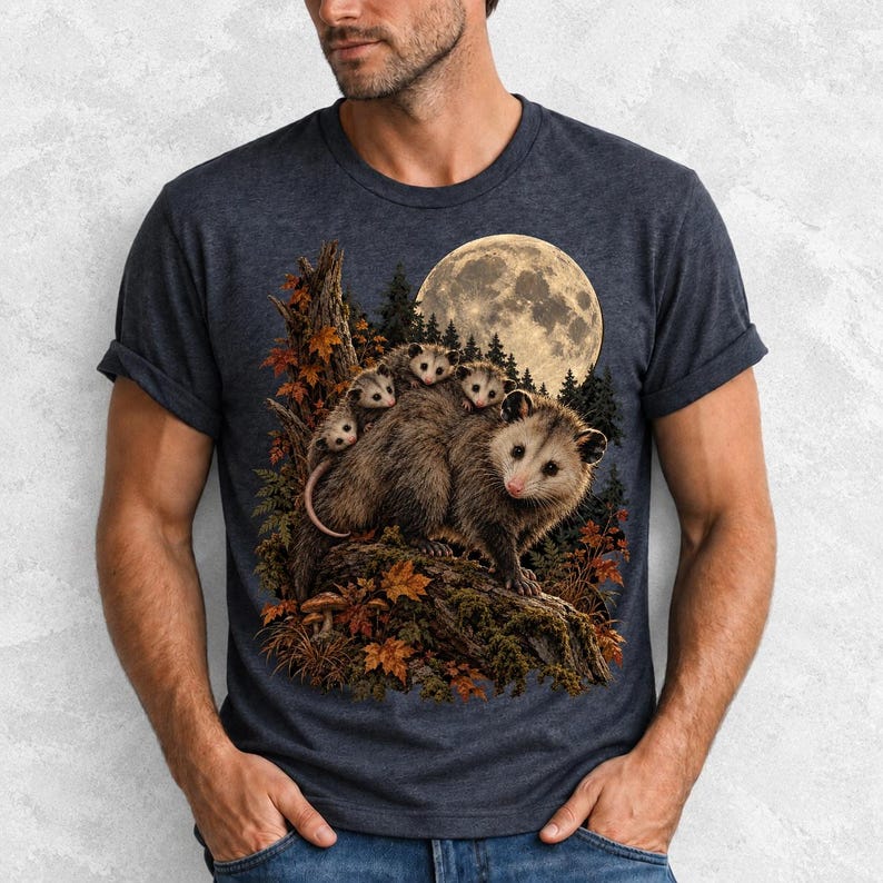 Mother opossum with babies on her back under a full moon and autumn leaves, dark realistic woodland illustration