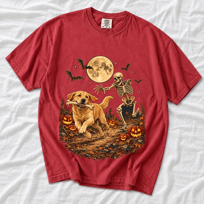 A skeleton chasing a golden labrador that stole its arm bone under a full moon with jack o lanterns and bats