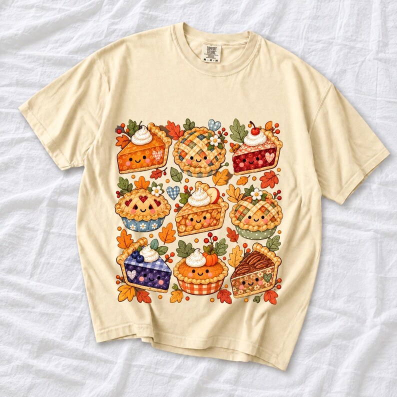 Grid of cute pie slices and mini pies with faces, lattice crusts and autumn leaves in patchwork sticker style