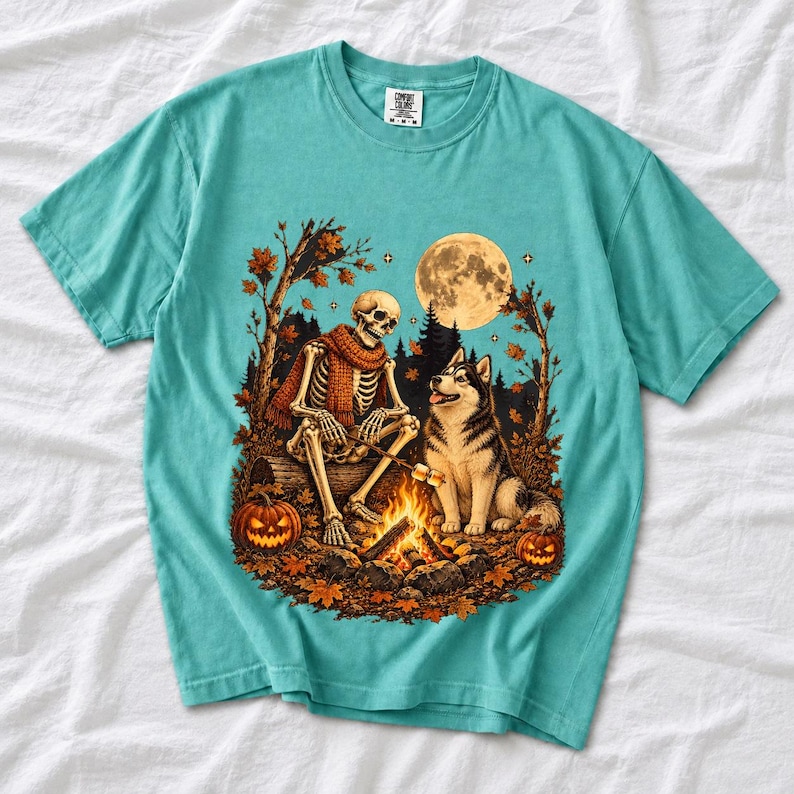A skeleton in a scarf roasting marshmallows by a campfire beside a husky in an autumn forest under a full moon