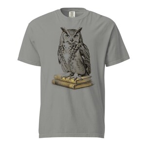 Great Horned Owl Shirt, Owl on Books Tee, Comfort Colors Owl Lover T-shirt, Dark Academia Owl Shirt, Librarian Owl Tee Gift image 2