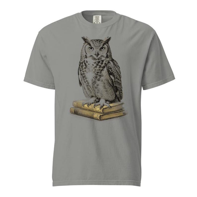 Great Horned Owl Shirt, Owl on Books Tee, Comfort Colors Owl Lover T-shirt, Dark Academia Owl Shirt, Librarian Owl Tee Gift image 2