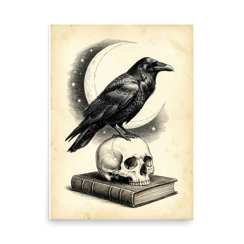 Rabenschädel-Wandbild, Edgar Allan Poe Rabenposter, gotischer Rabendruck, Nevermore Rabenschädel-Dekoration Bild 2