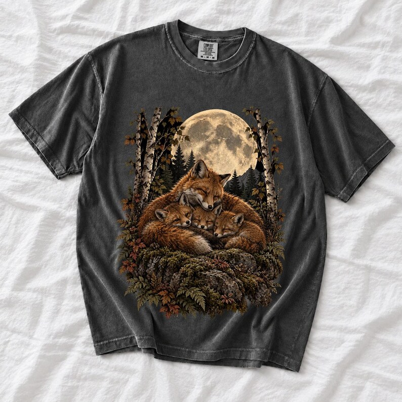 Fox family curled on a rock under a huge full moon among birch trees, dark realistic woodland illustration