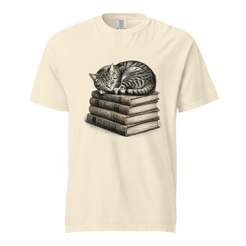 Tabby Cat Shirt, Sleeping Cat on Books Tee, Comfort Colors Cat Lover T-shirt, Bookish Cat Mom Shirt, Retro Kitty Reader Tee image 4