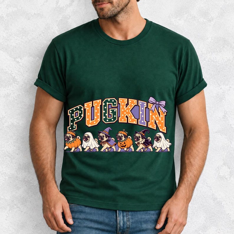 Six pugs in pumpkin, ghost and witch costumes under the arched word PUGKIN, lavender and orange polka-dot varsity style