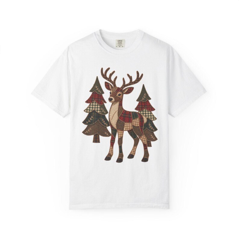 Comfort Colors Plaid Reindeer Christmas Shirt, Patchwork Reindeer Tee, Rustic Christmas Deer T-shirt, Farmhouse Reindeer Holiday Shirt — Printify product mockup