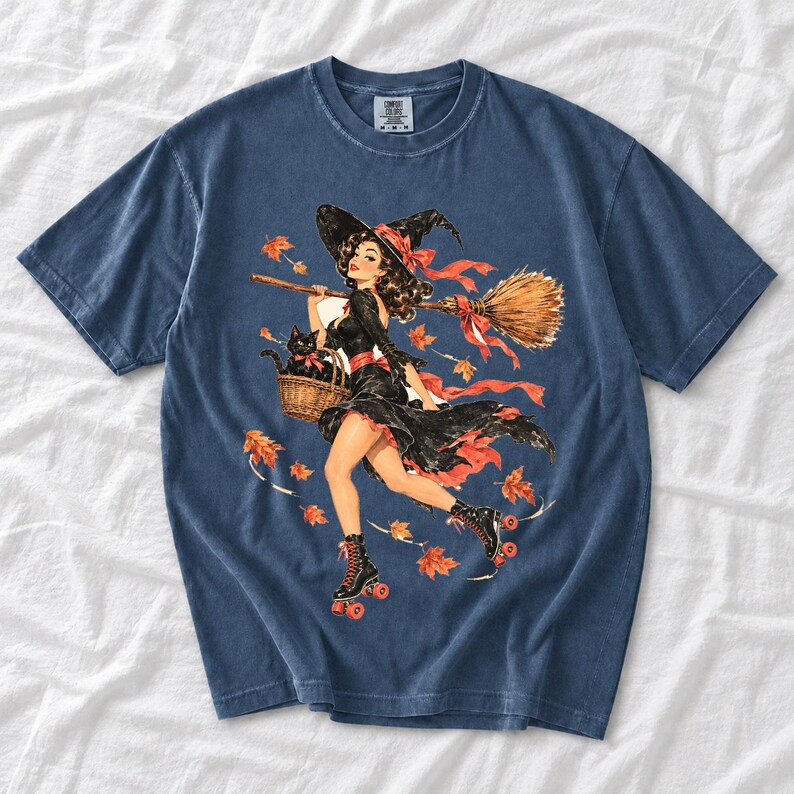 Retro 1950s pin-up witch on roller skates with a broom and a cat in a basket, autumn leaves