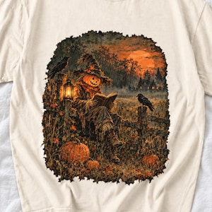 Vintage oil painting of a pumpkin-headed scarecrow reading by lantern in a misty field at dusk with crows on a fence
