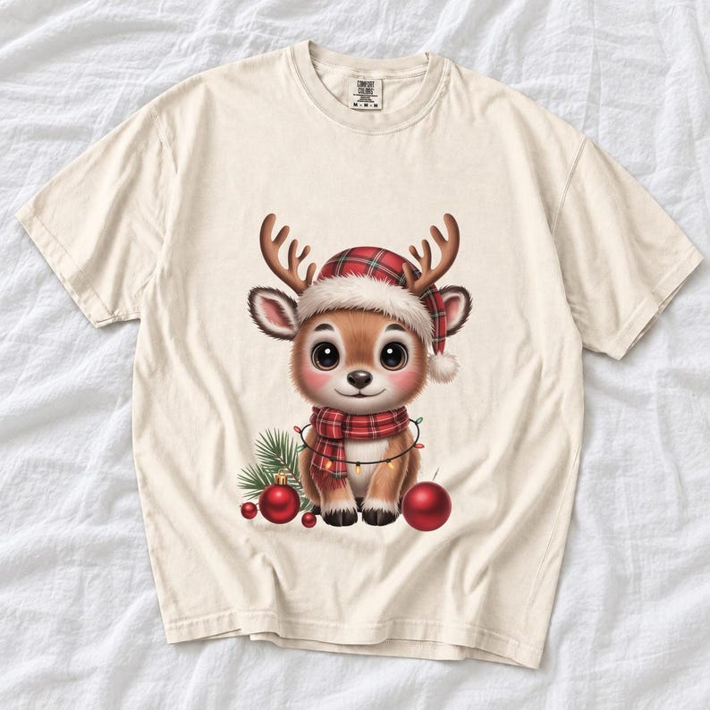 Comfort Colors Baby Reindeer Christmas Shirt, Cute Reindeer Santa Hat Tee, Christmas Reindeer T-shirt, Plaid Reindeer Holiday Shirt